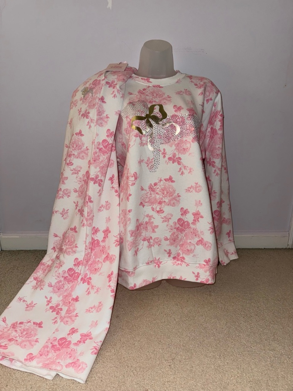 Victoria Secret PINK LOVE SHACK FANCY Floral Bling Sweatshirt Sweatpants Set M